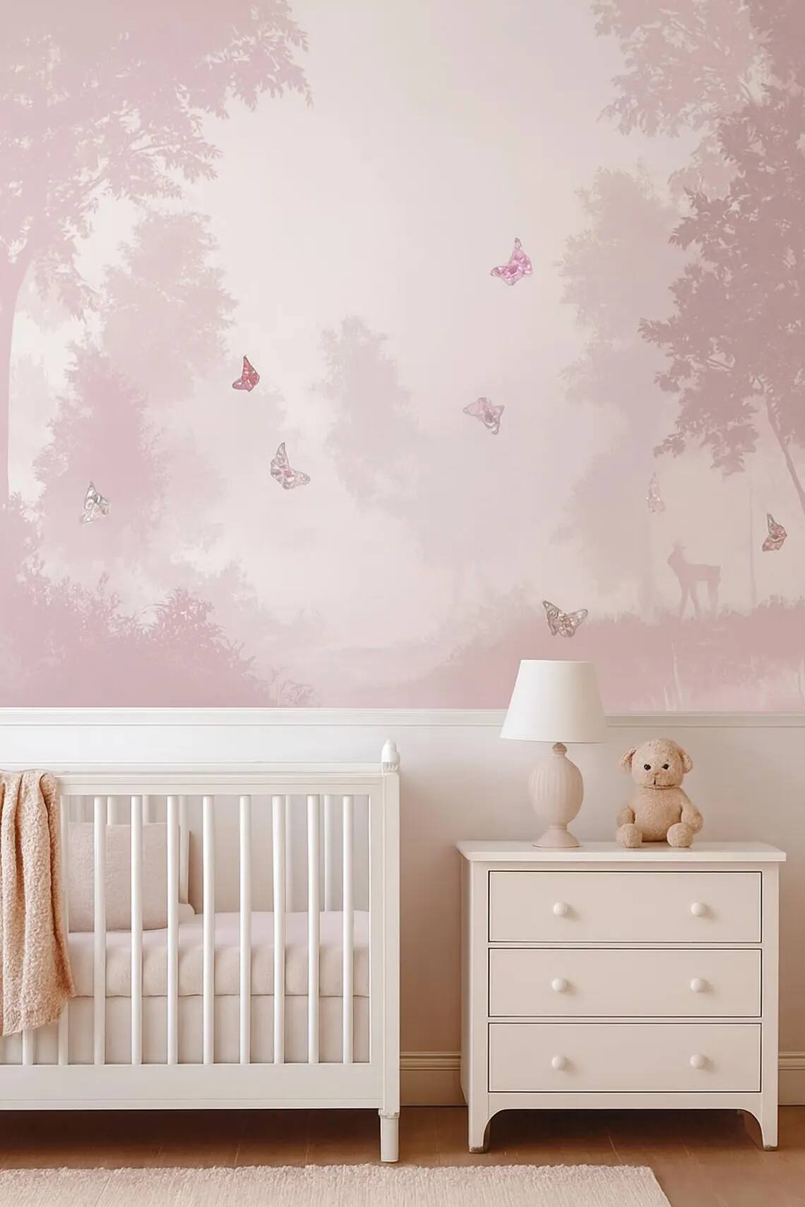 Blush Pink Butterfly Forest Wallpaper Mural Dreamy Nursery Wall Art Peel Stick