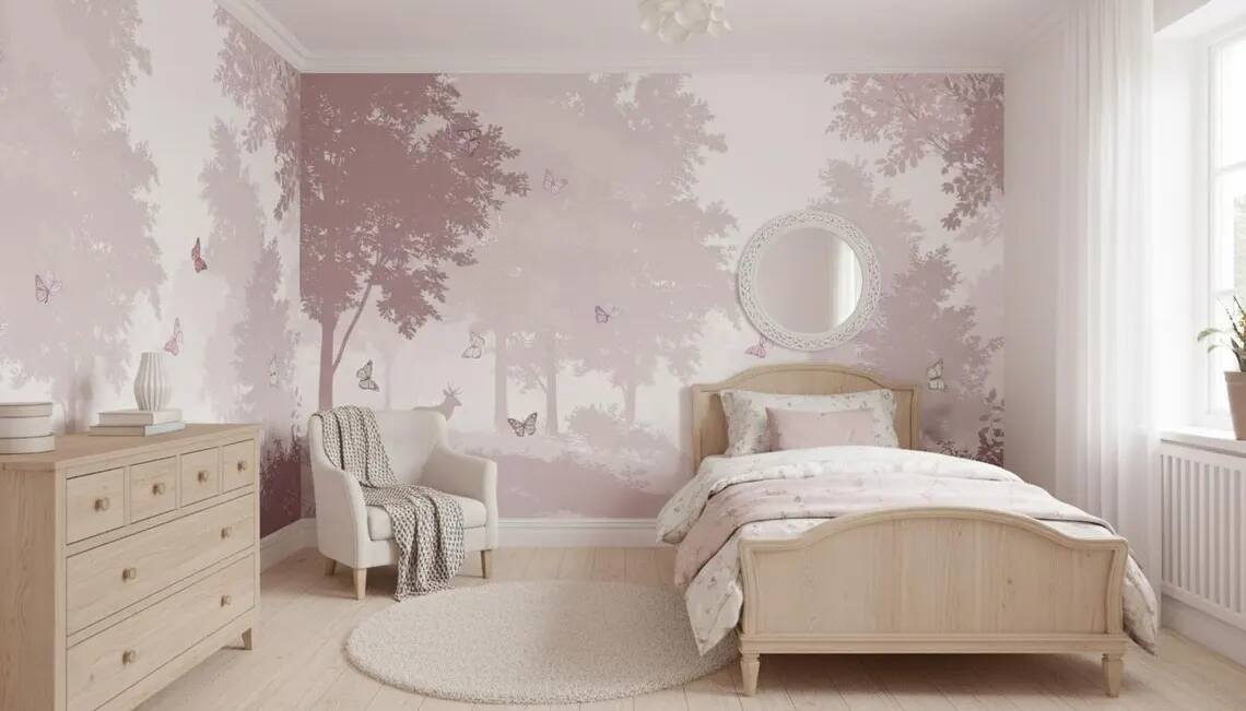 Blush Pink Butterfly Forest Wallpaper Mural Dreamy Nursery Wall Art Peel Stick