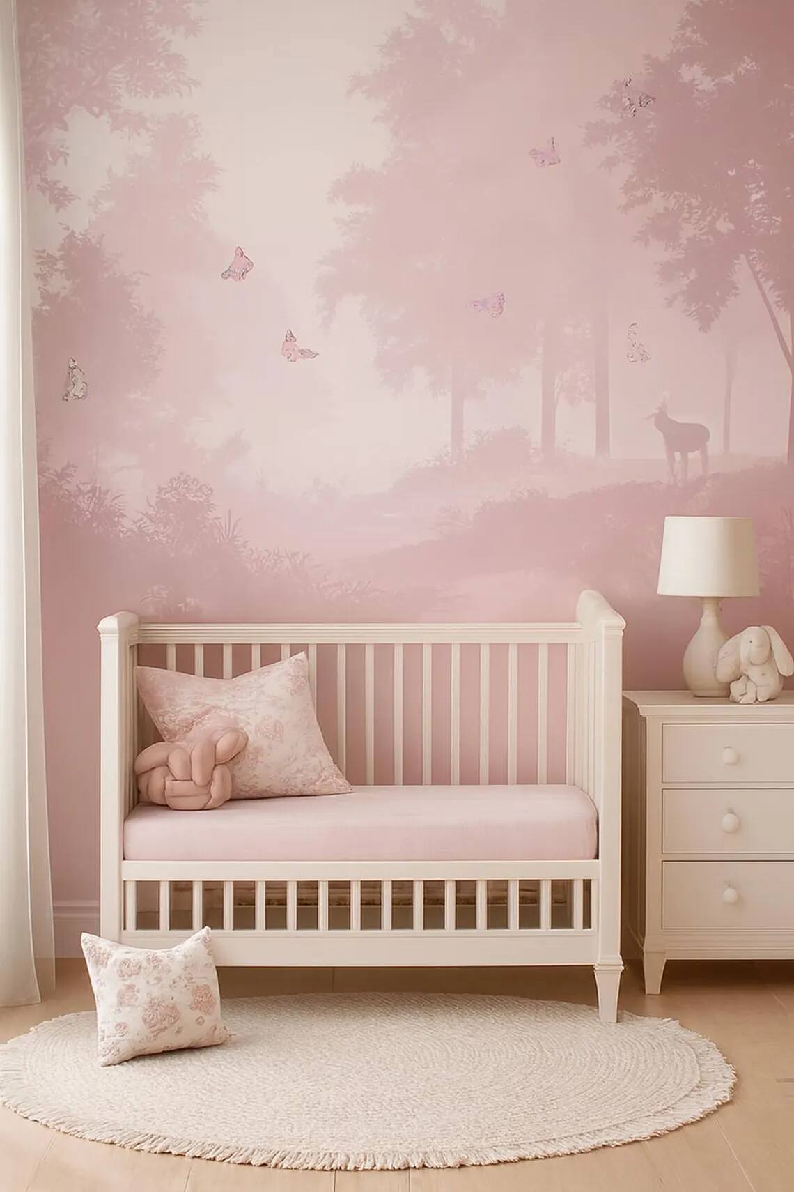 Blush Pink Butterfly Forest Wallpaper Mural Dreamy Nursery Wall Art Peel Stick