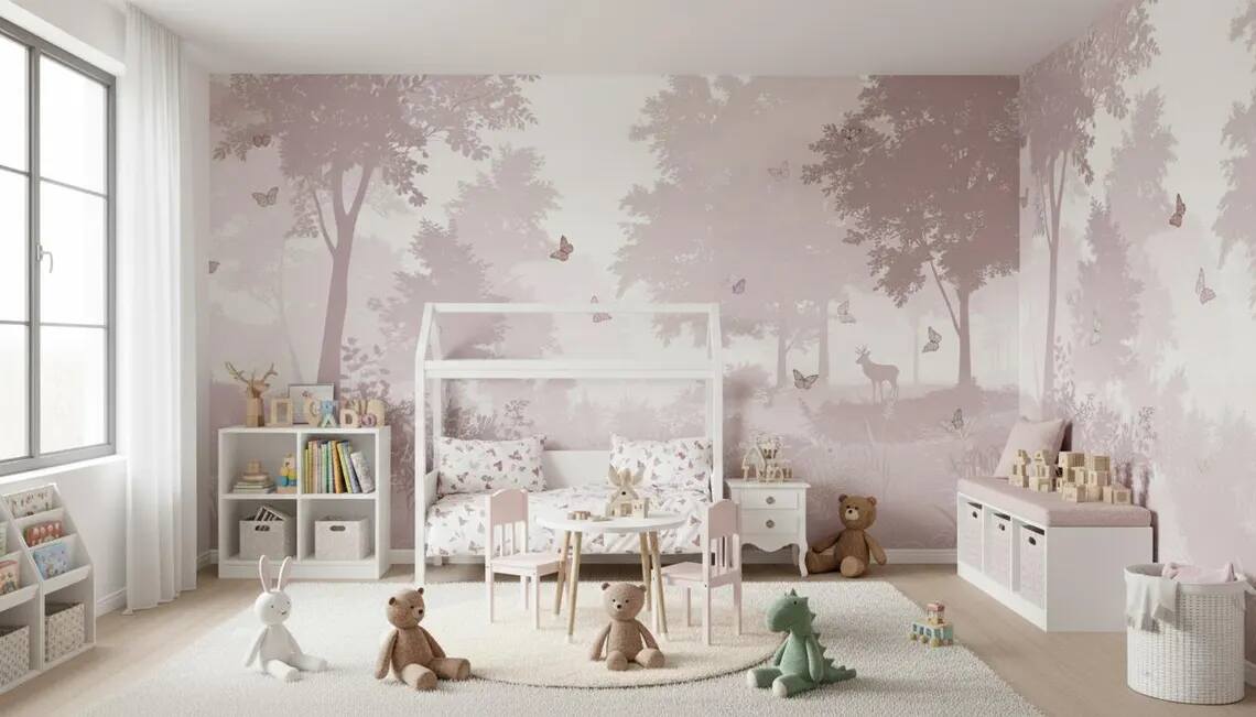 Blush Pink Butterfly Forest Wallpaper Mural Dreamy Nursery Wall Art Peel Stick