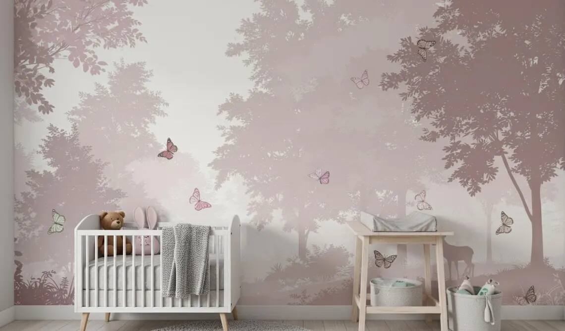 Blush Pink Butterfly Forest Wallpaper Mural Dreamy Nursery Wall Art Peel Stick