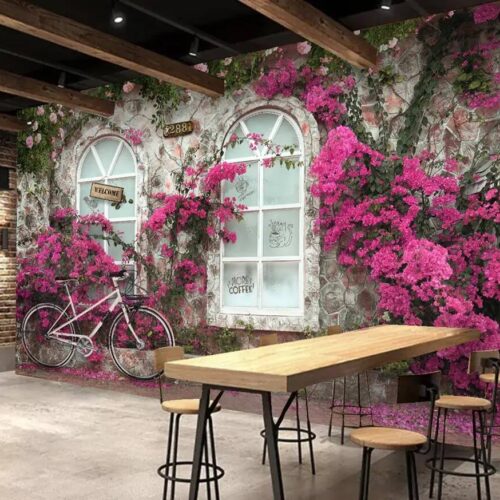 Caffe Wallpaper Elegant Floral Mural Pink Bougainvillea Cottage Design Vintage Stone Window Background Peel Stcik Wallpaper