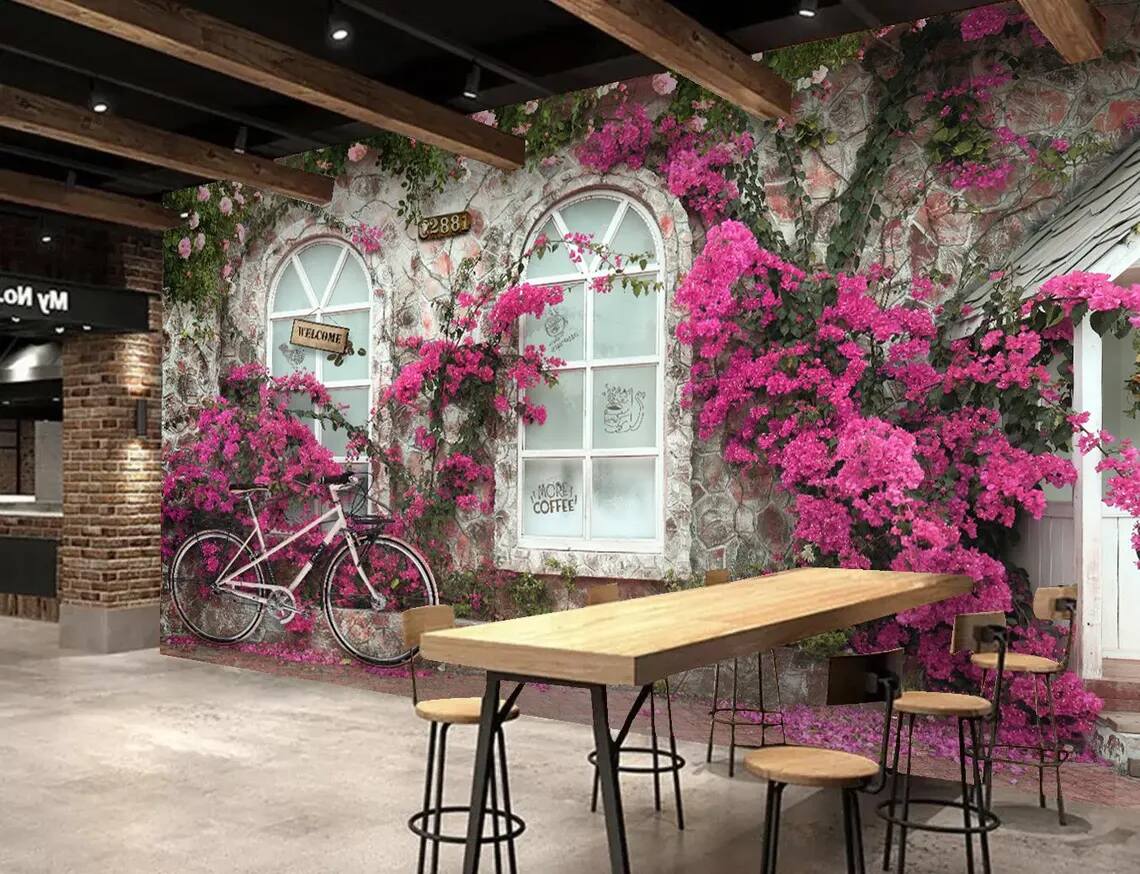 Caffe Wallpaper Elegant Floral Mural Pink Bougainvillea Cottage Design Vintage Stone Window Background Peel Stcik Wallpaper