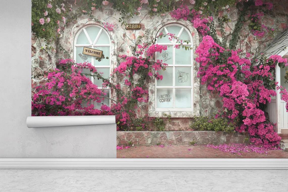 Caffe Wallpaper Elegant Floral Mural Pink Bougainvillea Cottage Design Vintage Stone Window Background Peel Stcik Wallpaper