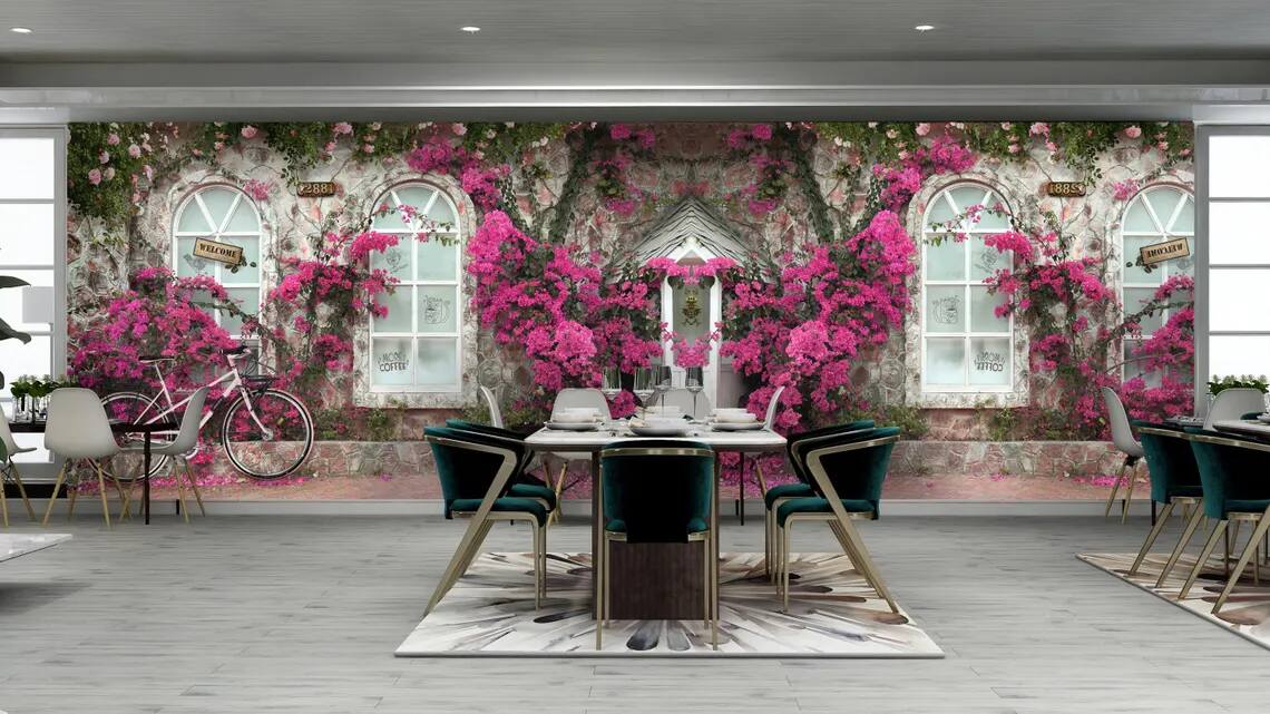 Caffe Wallpaper Elegant Floral Mural Pink Bougainvillea Cottage Design Vintage Stone Window Background Peel Stcik Wallpaper