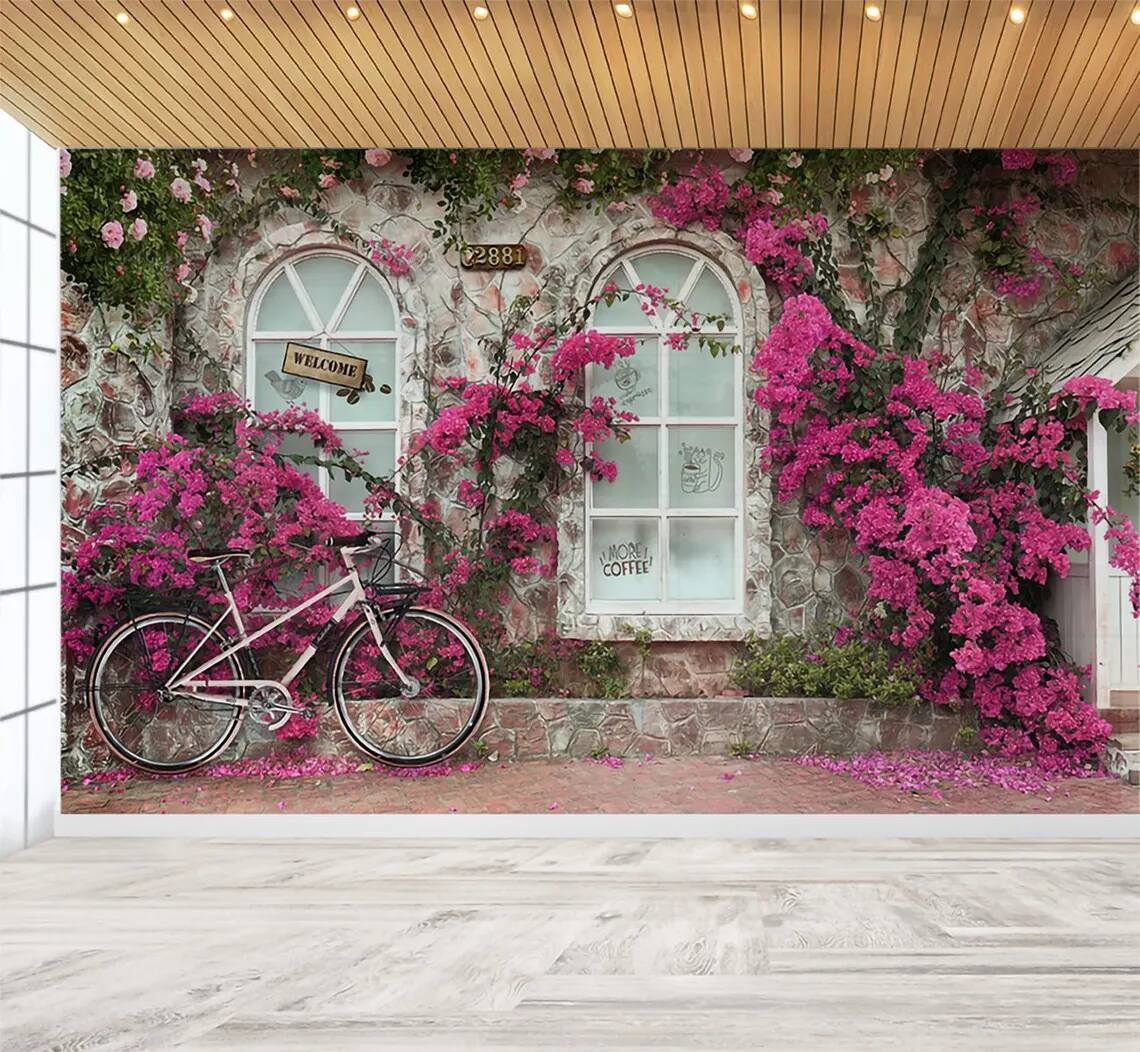 Caffe Wallpaper Elegant Floral Mural Pink Bougainvillea Cottage Design Vintage Stone Window Background Peel Stcik Wallpaper