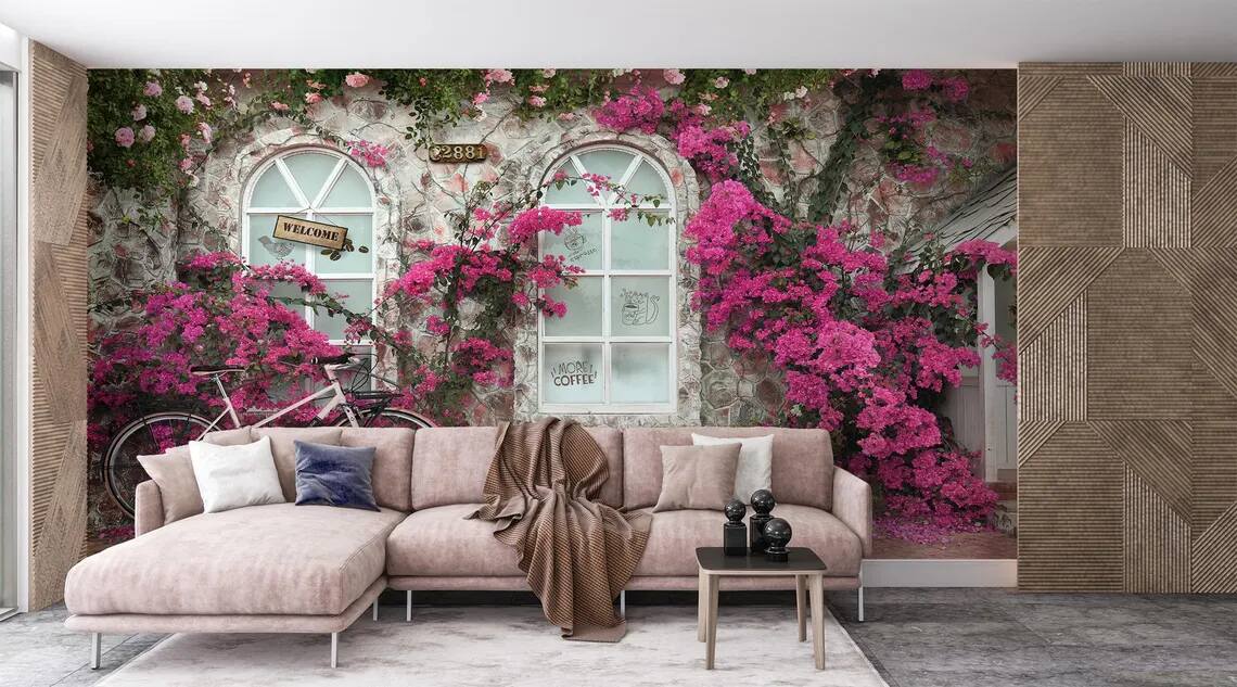 Caffe Wallpaper Elegant Floral Mural Pink Bougainvillea Cottage Design Vintage Stone Window Background Peel Stcik Wallpaper