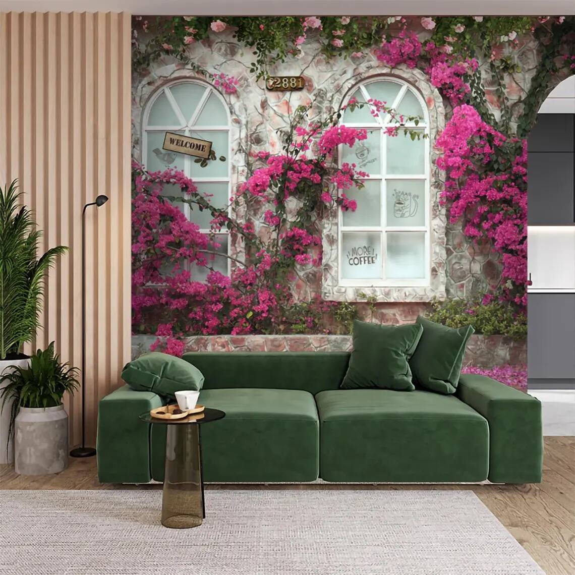 Caffe Wallpaper Elegant Floral Mural Pink Bougainvillea Cottage Design Vintage Stone Window Background Peel Stcik Wallpaper