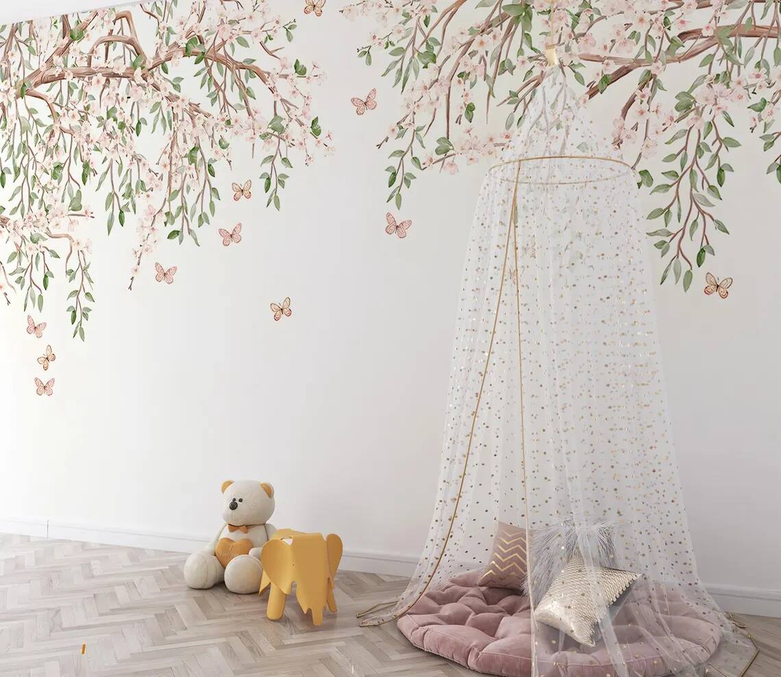 Cherry Blossom Tree Branch Wallpaper Mural Peel and Stick Nursery Decor