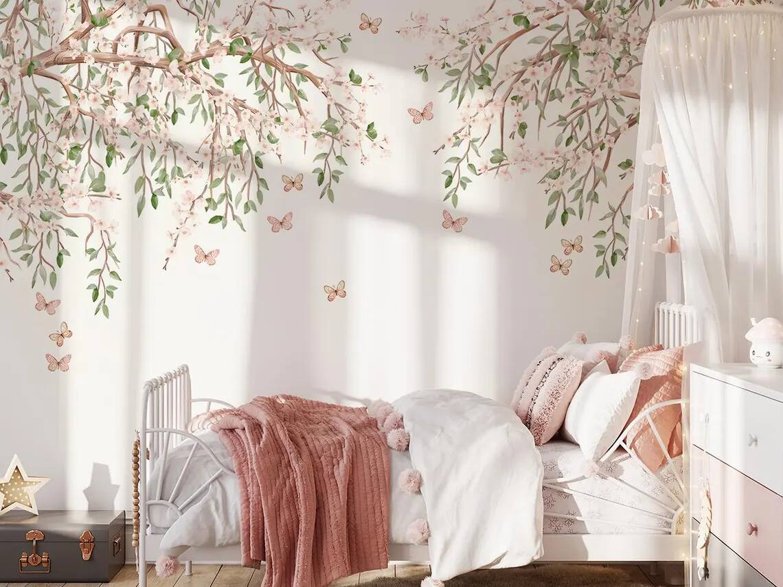 Cherry Blossom Tree Branch Wallpaper Mural Peel and Stick Nursery Decor