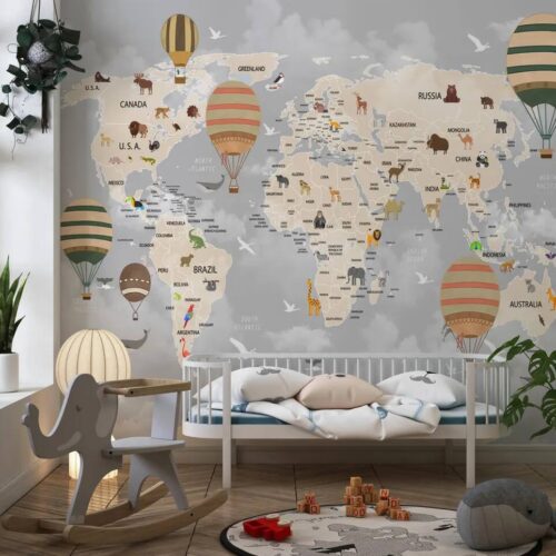 Childrens Map Wallpaper Political World Map Mural Hot Air Balloon Animals Wall Cover Kids Room Nursery Playroom And More Peel Stick