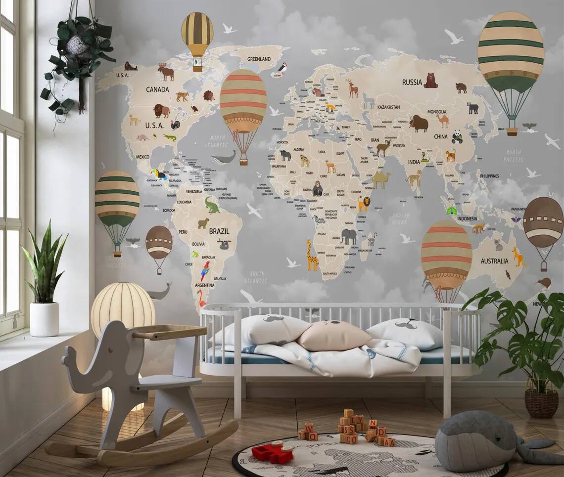 Childrens Map Wallpaper Political World Map Mural Hot Air Balloon Animals Wall Cover Kids Room Nursery Playroom And More Peel Stick