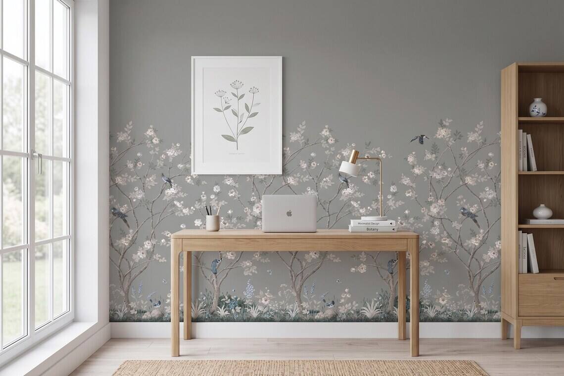 Chinoiserie Floral Bird Wallpaper Soft Grey Botanical Wall Mural Peel And Stick