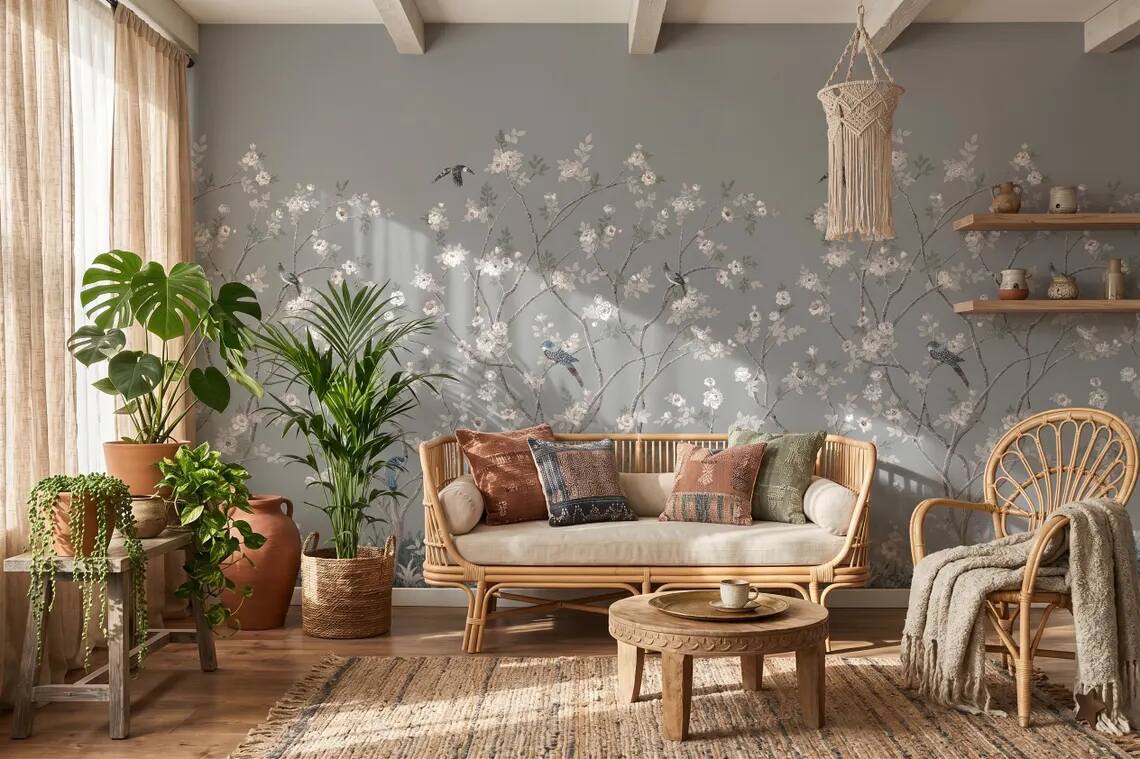 Chinoiserie Floral Bird Wallpaper Soft Grey Botanical Wall Mural Peel And Stick