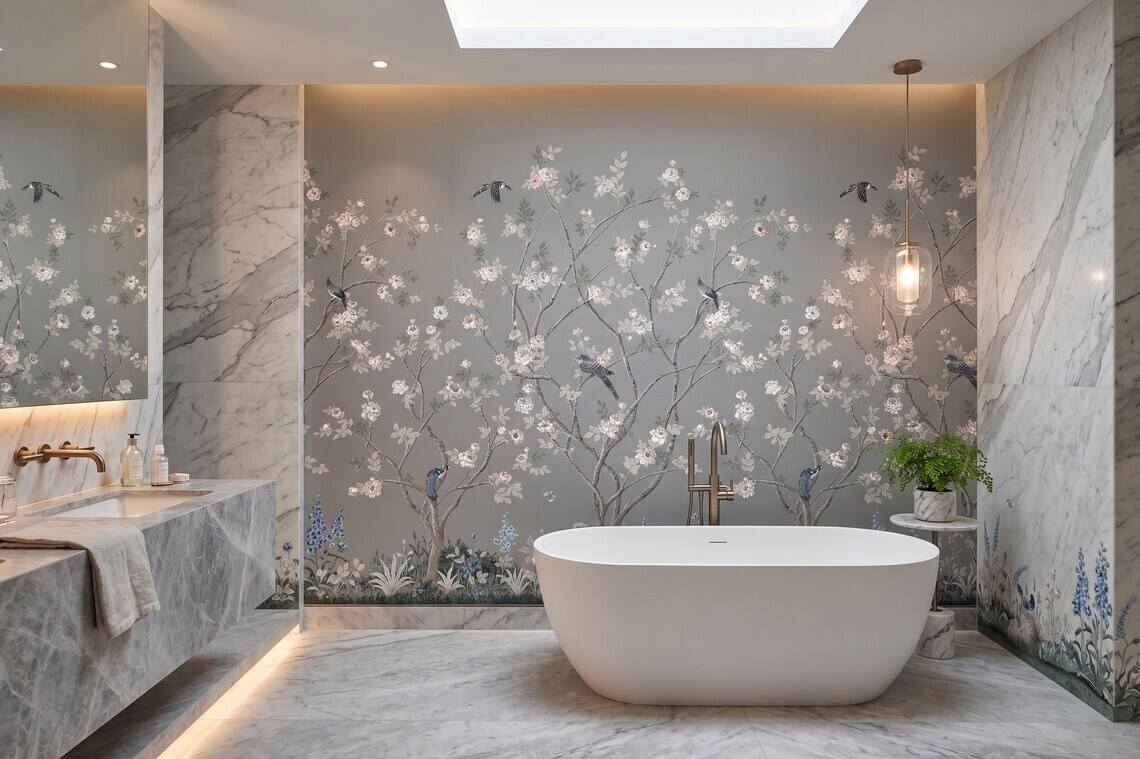 Chinoiserie Floral Bird Wallpaper Soft Grey Botanical Wall Mural Peel And Stick