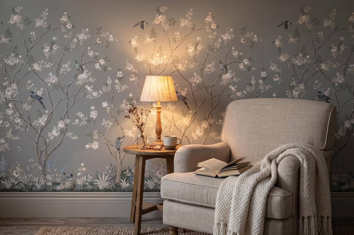 Chinoiserie Floral Bird Wallpaper Soft Grey Botanical Wall Mural Peel And Stick