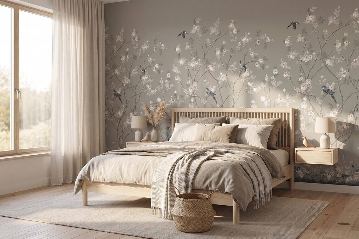 Chinoiserie Floral Bird Wallpaper Soft Grey Botanical Wall Mural Peel And Stick