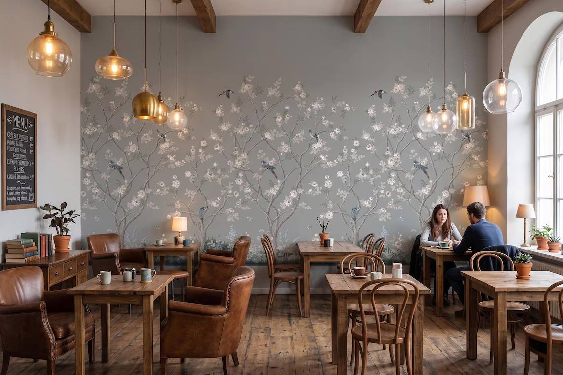 Chinoiserie Floral Bird Wallpaper Soft Grey Botanical Wall Mural Peel And Stick
