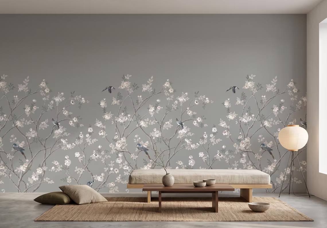 Chinoiserie Floral Bird Wallpaper Soft Grey Botanical Wall Mural Peel And Stick