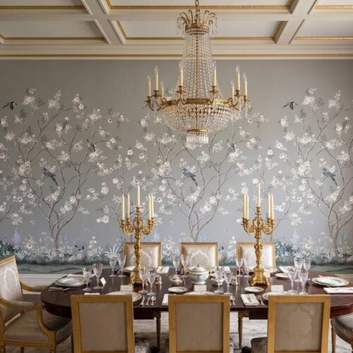 Chinoiserie Floral Bird Wallpaper Soft Grey Botanical Wall Mural Peel And Stick
