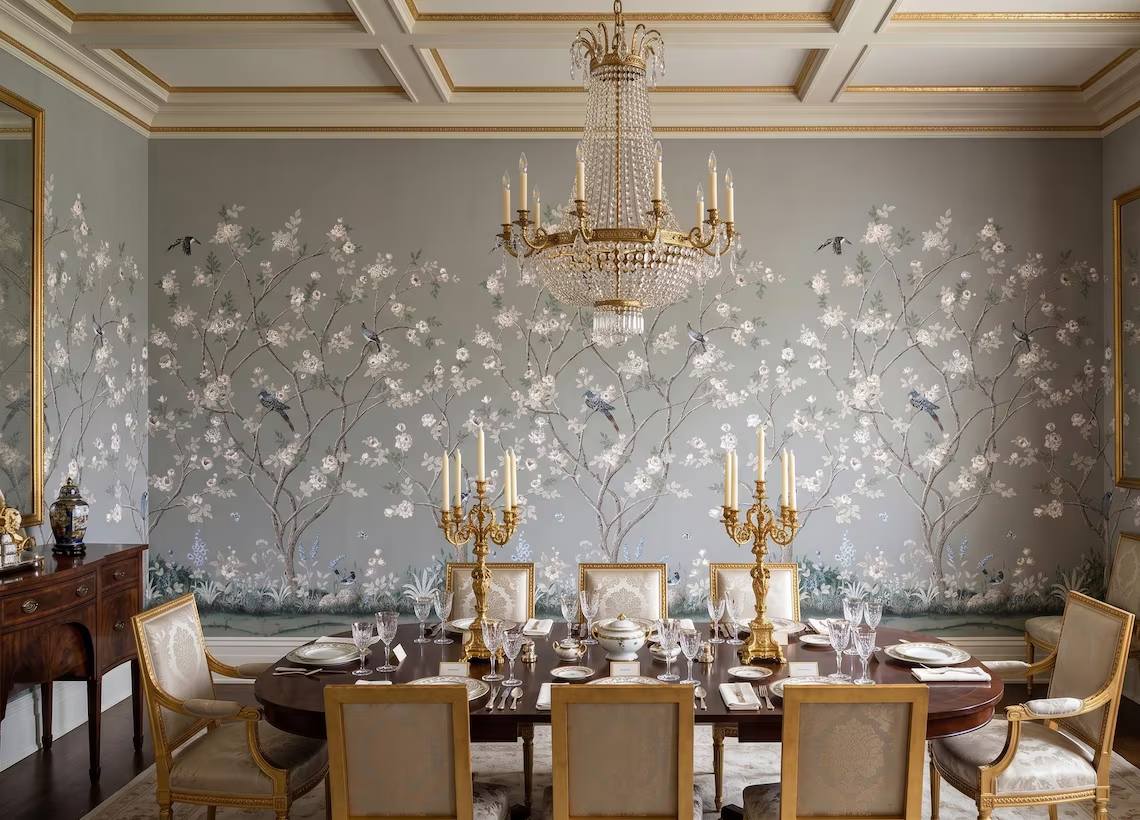 Chinoiserie Floral Bird Wallpaper Soft Grey Botanical Wall Mural Peel And Stick