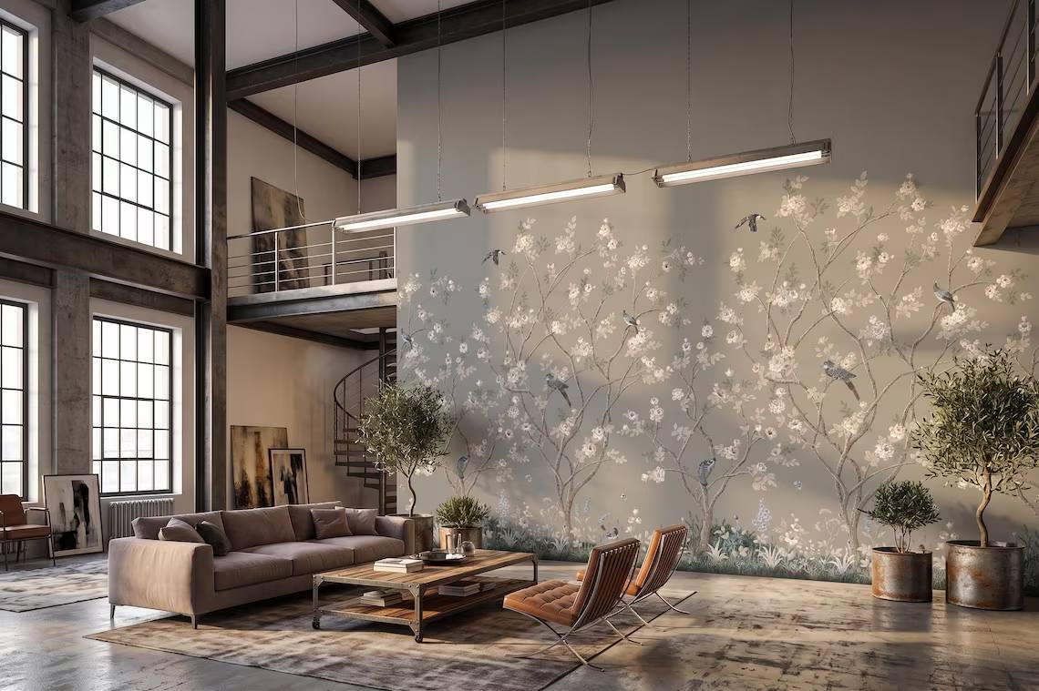 Chinoiserie Floral Bird Wallpaper Soft Grey Botanical Wall Mural Peel And Stick