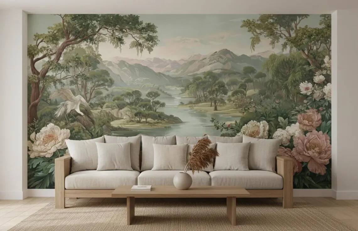 Chinoiserie Floral River Wallpaper Mural Peel And Stick
