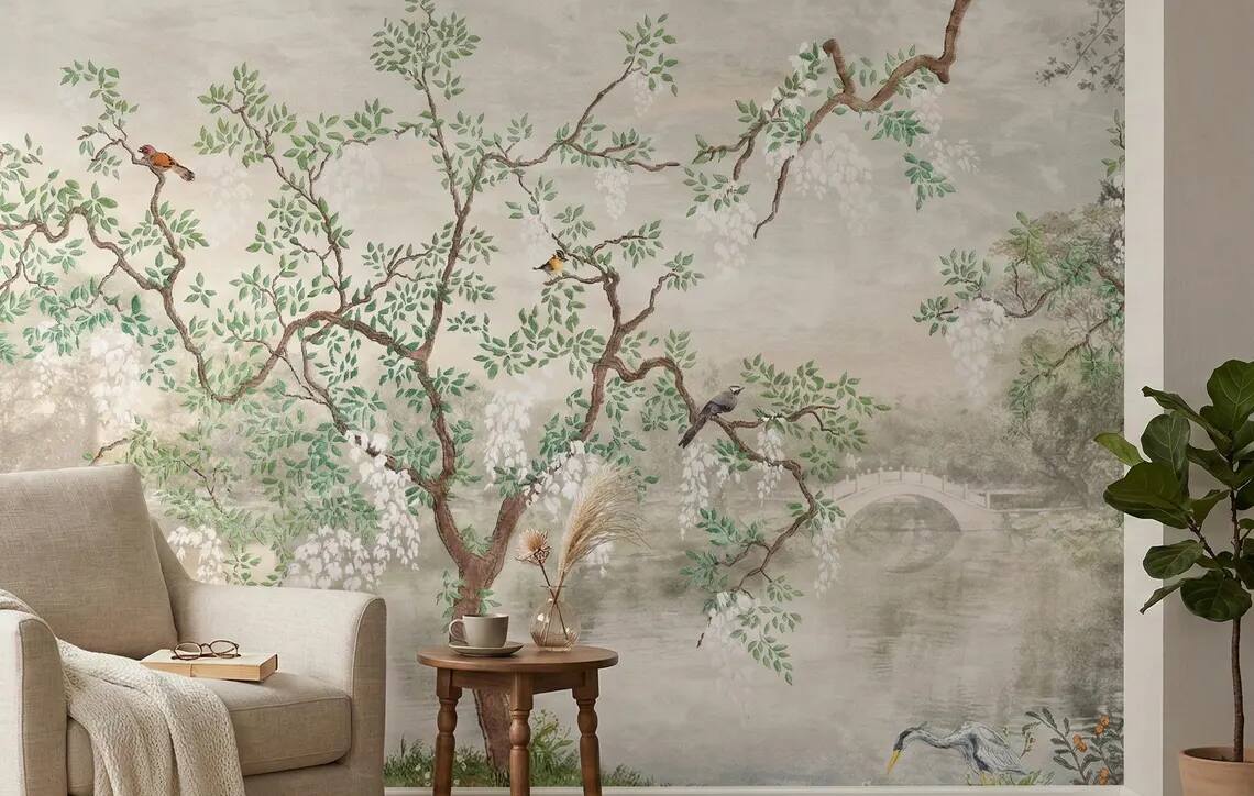 Chinoiserie Wisteria Landscape Wallpaper Mural Vintage Asian Garden Wall Art