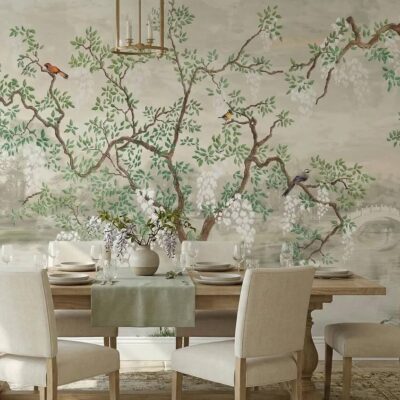 Chinoiserie Wisteria Landscape Wallpaper Mural Vintage Asian Garden Wall Art