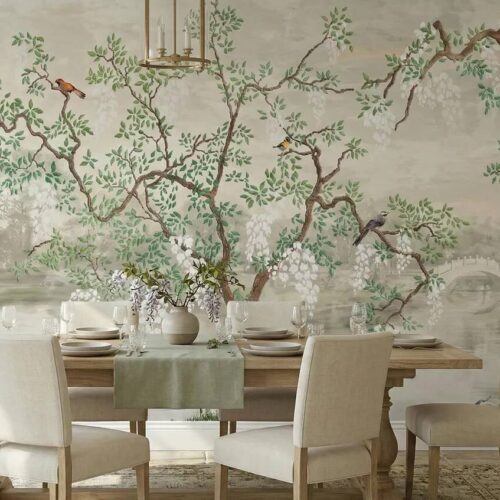 Chinoiserie Wisteria Landscape Wallpaper Mural Vintage Asian Garden Wall Art
