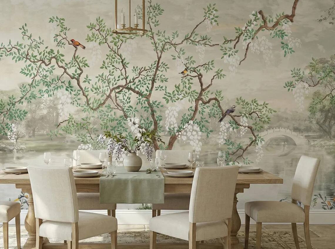 Chinoiserie Wisteria Landscape Wallpaper Mural Vintage Asian Garden Wall Art