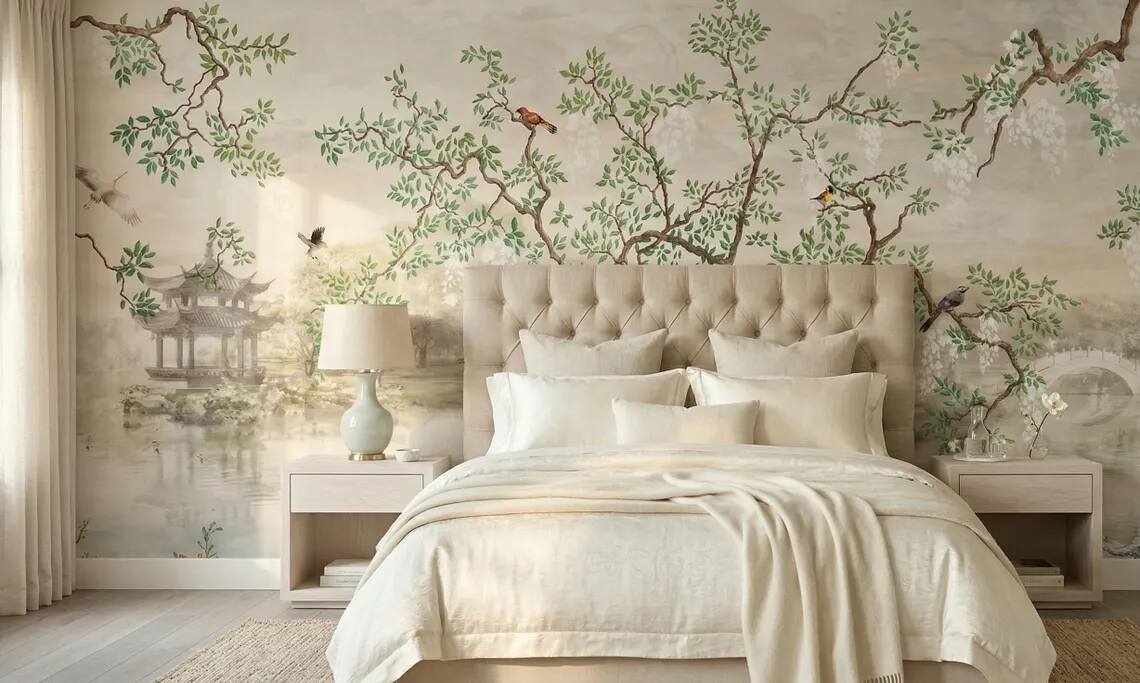 Chinoiserie Wisteria Landscape Wallpaper Mural Vintage Asian Garden Wall Art