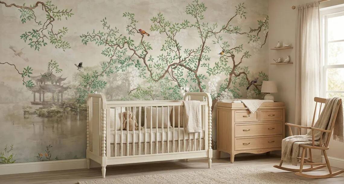 Chinoiserie Wisteria Landscape Wallpaper Mural Vintage Asian Garden Wall Art