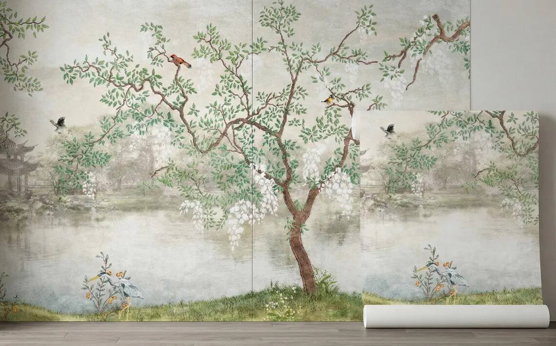 Chinoiserie Wisteria Landscape Wallpaper Mural Vintage Asian Garden Wall Art