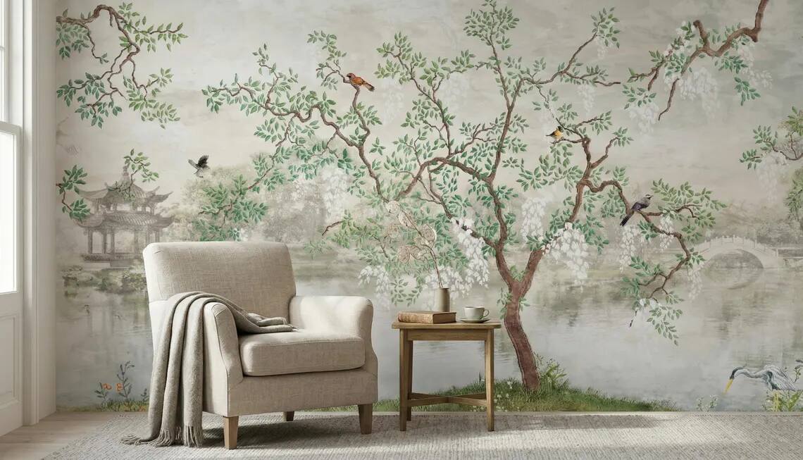 Chinoiserie Wisteria Landscape Wallpaper Mural Vintage Asian Garden Wall Art