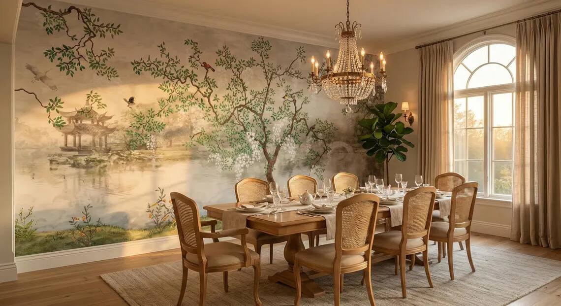 Chinoiserie Wisteria Landscape Wallpaper Mural Vintage Asian Garden Wall Art