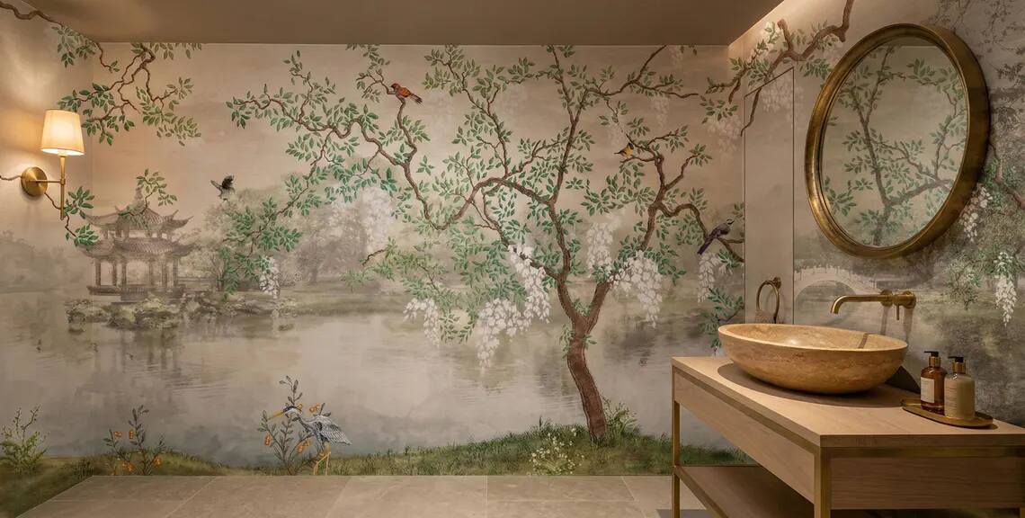 Chinoiserie Wisteria Landscape Wallpaper Mural Vintage Asian Garden Wall Art