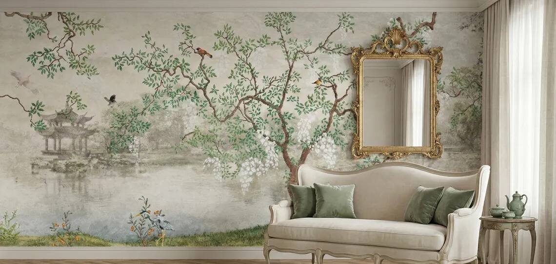 Chinoiserie Wisteria Landscape Wallpaper Mural Vintage Asian Garden Wall Art