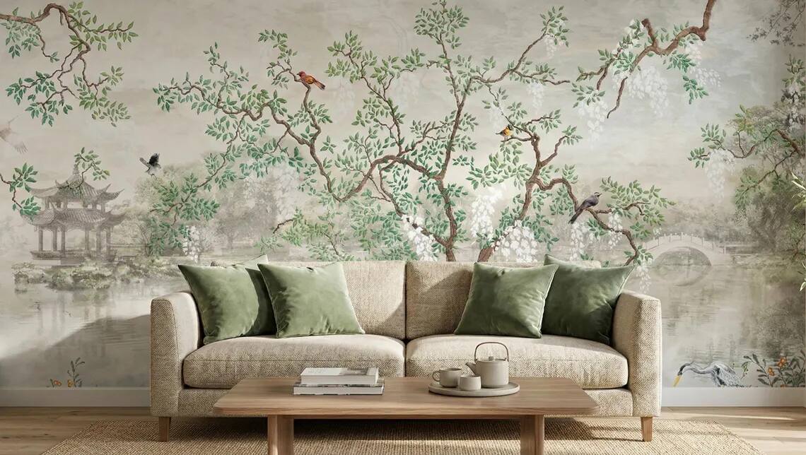 Chinoiserie Wisteria Landscape Wallpaper Mural Vintage Asian Garden Wall Art