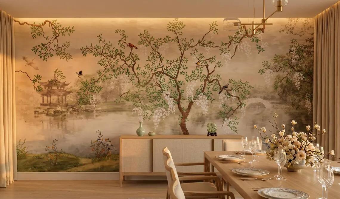 Chinoiserie Wisteria Landscape Wallpaper Mural Vintage Asian Garden Wall Art