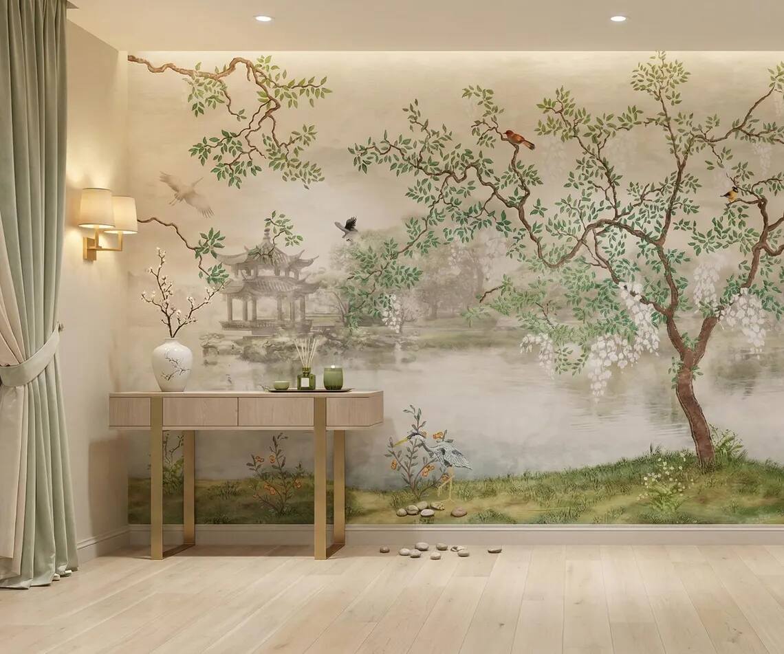 Chinoiserie Wisteria Landscape Wallpaper Mural Vintage Asian Garden Wall Art