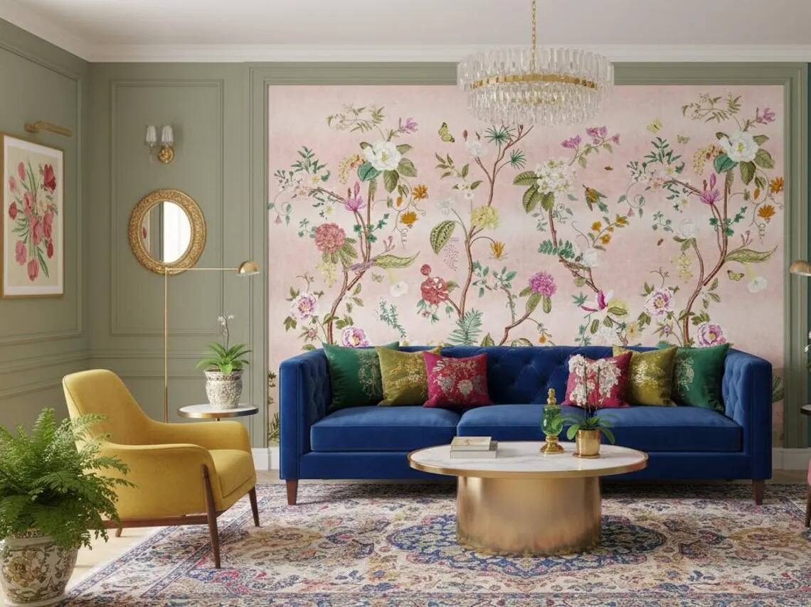 Colorful Chinoiserie Floral Wallpaper Mural Peel And Stick Wallpaper