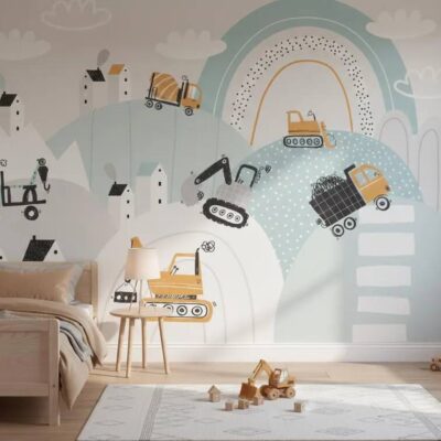 Construction Vehicles Wallpaper Mural Kids Room Decor Peel And Stick