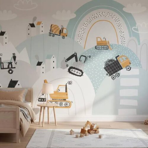 Construction Vehicles Wallpaper Mural Kids Room Decor Peel And Stick