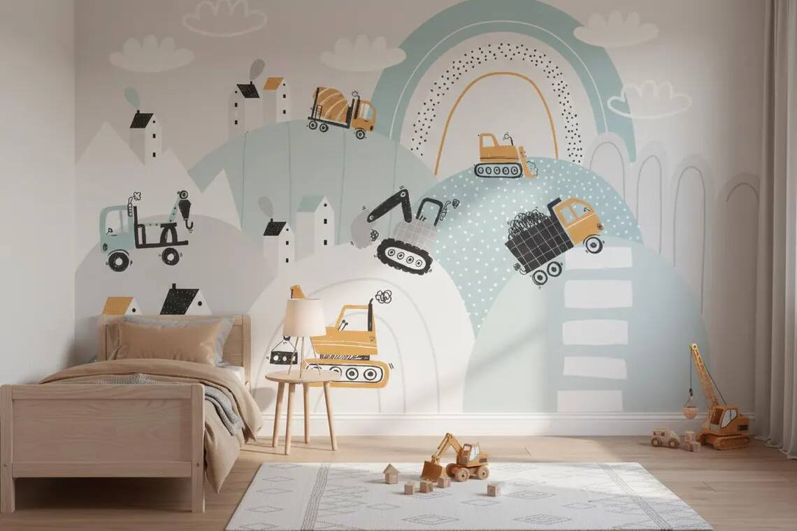 Construction Vehicles Wallpaper Mural Kids Room Decor Peel And Stick