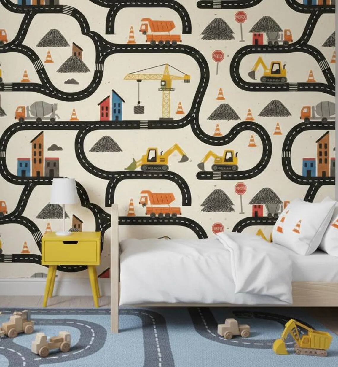 Construction Wallpaper For Boys Watercolor Trucks And Excavator Wall Mural Peel And Stick Kids Room Nursery Wall Decor Vehicle Wallpaper