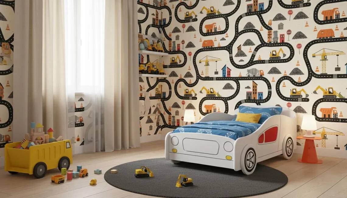 Construction Wallpaper For Boys Watercolor Trucks And Excavator Wall Mural Peel And Stick Kids Room Nursery Wall Decor Vehicle Wallpaper