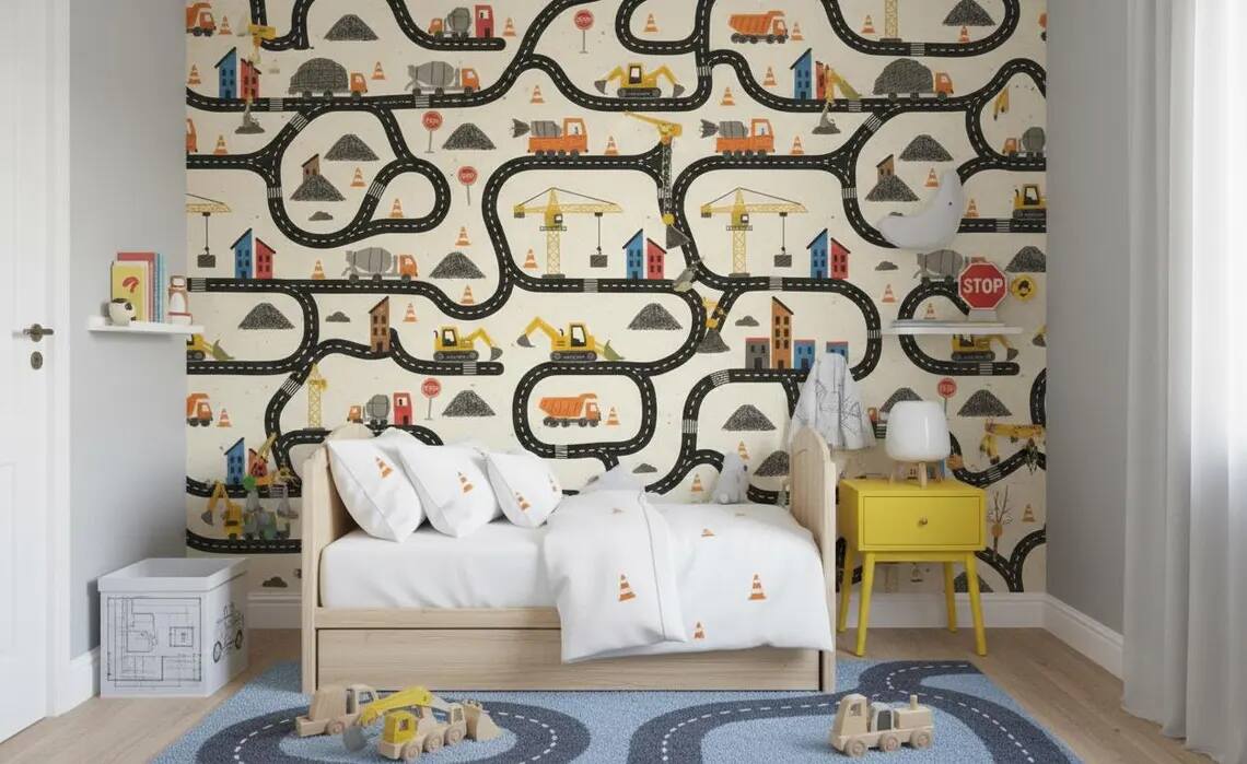 Construction Wallpaper For Boys Watercolor Trucks And Excavator Wall Mural Peel And Stick Kids Room Nursery Wall Decor Vehicle Wallpaper