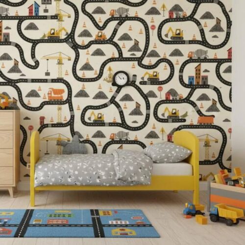 Construction Wallpaper For Boys Watercolor Trucks And Excavator Wall Mural Peel And Stick Kids Room Nursery Wall Decor Vehicle Wallpaper