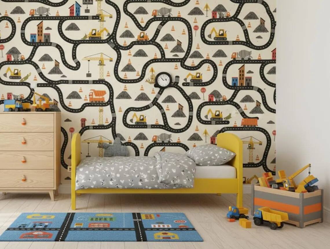 Construction Wallpaper For Boys Watercolor Trucks And Excavator Wall Mural Peel And Stick Kids Room Nursery Wall Decor Vehicle Wallpaper
